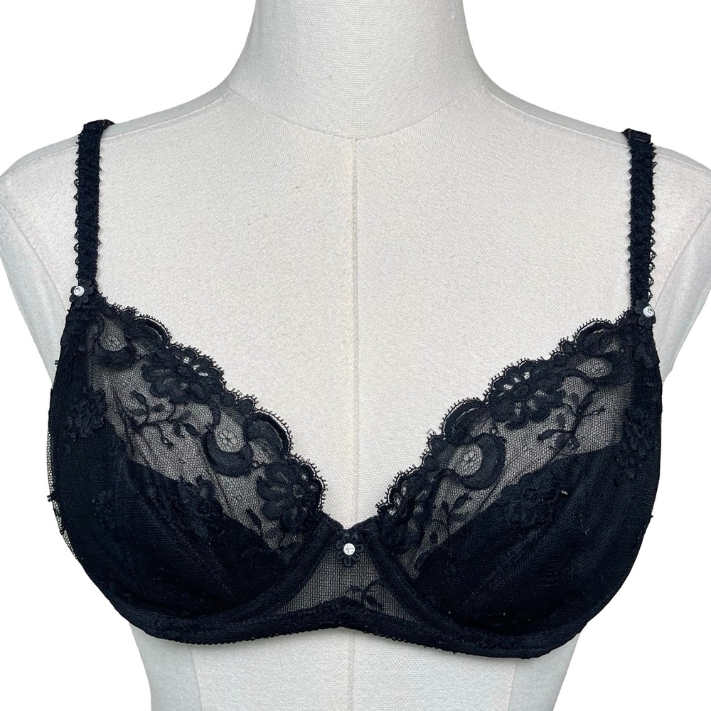 Vintage Mondragon Lace Underwire Bra Women 34B Black Sheer Floral 217-299